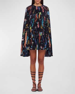 Evelyn Pleated Printed Split-Sleeve Mini Dress