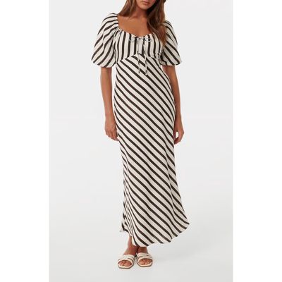 Ever New Angela Stripe Short Sleeve Linen Midi Dress in Chocolate Royston Stripe 