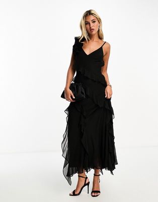 Ever New asymmetric ruffle rosette maxi dress in black