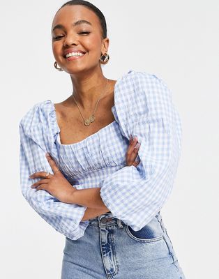 Ever New balloon sleeve crop top in baby blue gingham-Multi