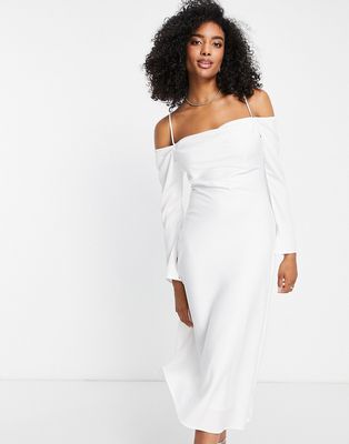 Ever New Bridal cold shoulder cowl midi dress with thigh slit in ivory-White