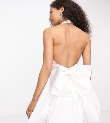 Ever New Bridal exclusive high neck bow back mini dress in ivory-White