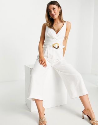 Ever New cami wrap wide leg jumpsuit with tortoise shell buckle in white