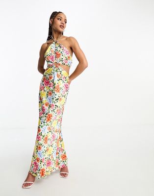 Ever New chain halter neck maxi dress in yellow and pink floral