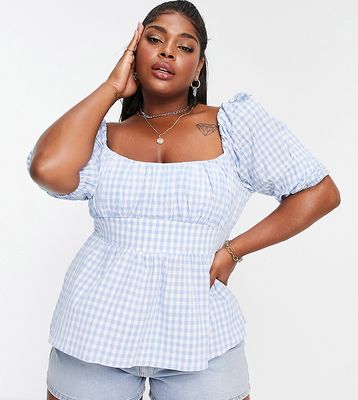 Ever New Curve balloon sleeve top in blue gingham-Multi