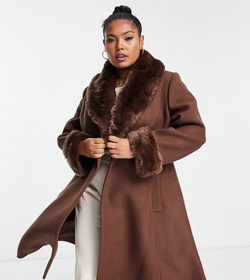 Ever New Curve faux fur collar coat with cuffs in chocolate-Brown