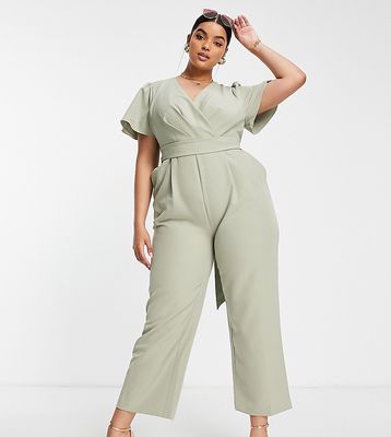 Ever New Curve flutter sleeve jumpsuit in soft khaki-Green