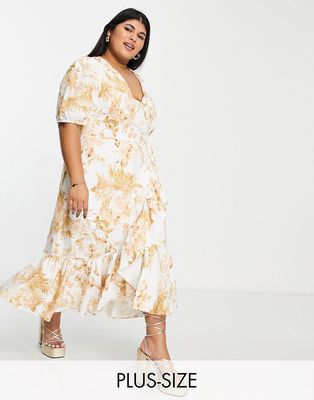 Ever New Curve puff sleeve wrap midi dress in ivory and gold floral-White
