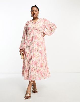 Ever New Curve ruched pleated midaxi dress in pink floral