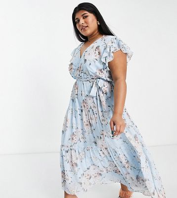 Ever New Curve ruffle shoulder midi dress in blue floral-Green