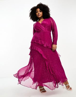 Ever New Curve sheer sleeve cut-out plisse maxi dress in hot pink