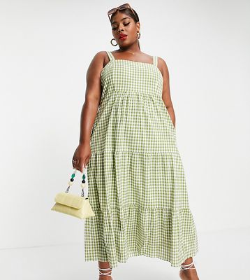 Ever New Curve square neck tiered midi smock dress in gingham-Multi
