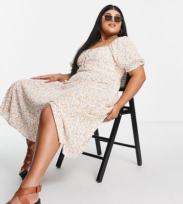 Ever New Curve tie bust split midi tea dress in ivory floral-White