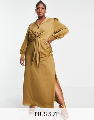 Ever New Curve tie front ruched shirt midi dress in olive-Green