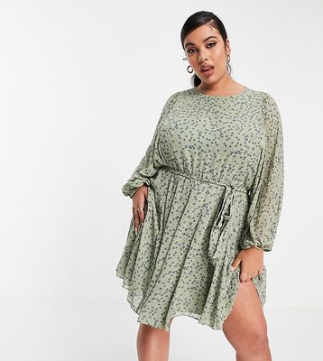 Ever New Curve tie waist blouson sleeve mini dress in green ditsy floral-Multi