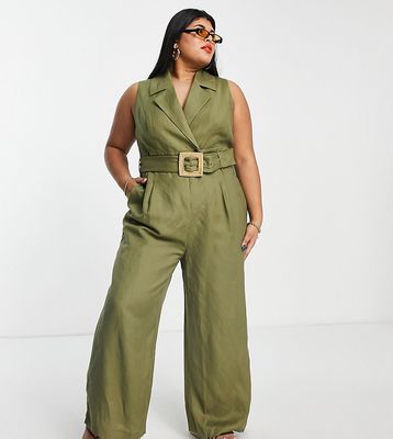 Ever New Curve tie waist wide leg jumpsuit in olive-Green