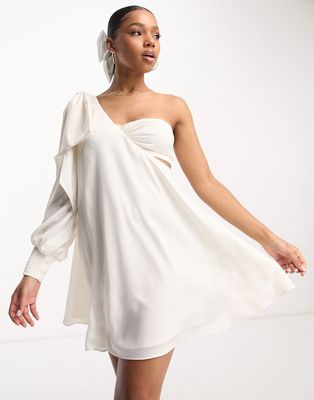 Ever New drape bow shoulder mini dress in ivory-White