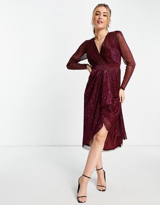 Ever New drape front metallic midi dress in plum-Purple
