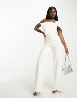 Ever New fallen shoulder bow jumpsuit in ivory-White
