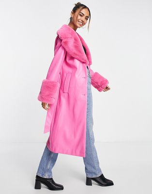 Ever New faux fur belted PU coat in pink