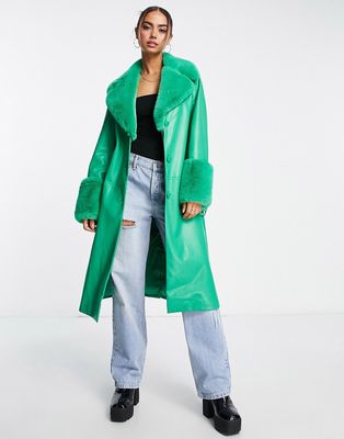 Ever New faux fur belted PU coat in vibrant green