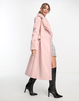 Ever New faux fur midi coat in powder pink