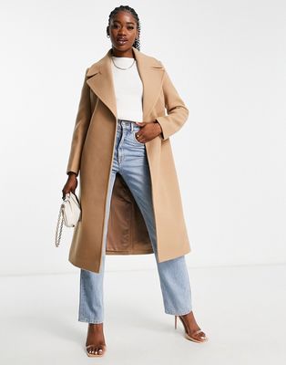 Ever New formal wrap coat with tie belt in camel-Neutral