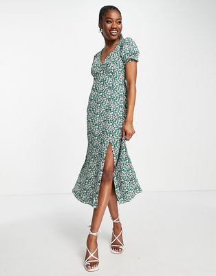 Ever New frill sleeve midi tea dress in green floral