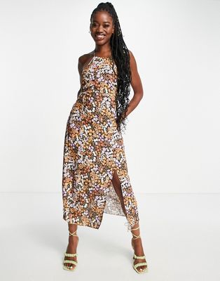 Ever New halter neck midi dress in lilac brown floral-Purple