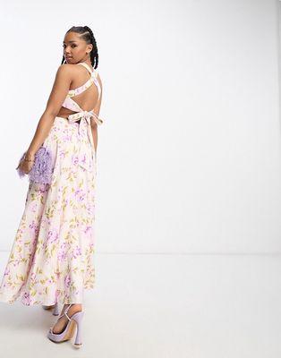 Ever New halter neck open back maxi dress in lilac floral-Purple