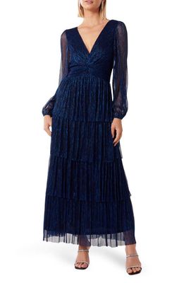 Ever New Issy Tiered Long Sleeve Plissé Midi Dress in Blue
