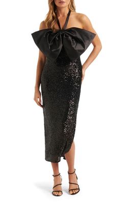 Ever New Liana Bow Sequin Halter Midi Dress in Black