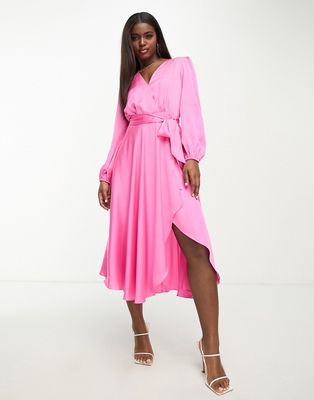 Ever New long sleeve tie waist midi dress in pink satin