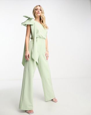 Ever New one shoulder bow jumpsuit in olive-Green