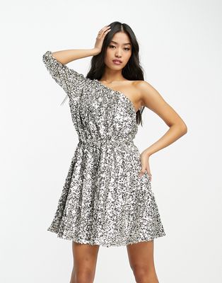 Ever New one shoulder puff sleeve sequin mini dress in champagne silver
