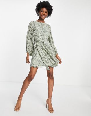 Ever New open back volume sleeve mini dress with tie waist in green ditsy floral-Multi