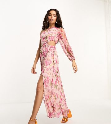 Ever New Petite asymmetrical one sleeve maxi dress in pink and purple floral