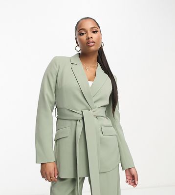 Ever New Petite blazer with tie belt in olive-Green