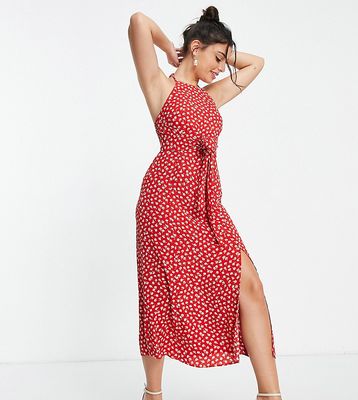 Ever New Petite halter midi dress in red ditsy floral