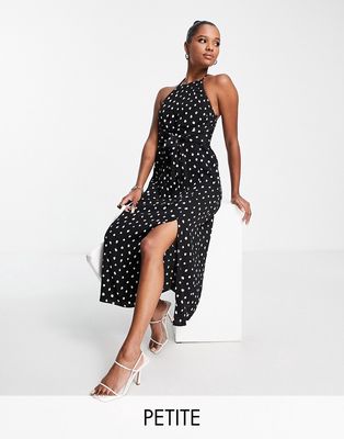 Ever New Petite halter neck midi dress in polka dot-Black