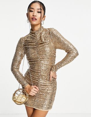 Ever New Petite high neck ruched sequin mini dress in gold