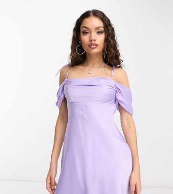 Ever New Petite off shoulder mini dress in lilac satin-Purple