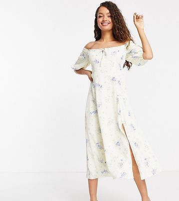 Ever New Petite off shoulder tea midi dress in ditsy yellow floral