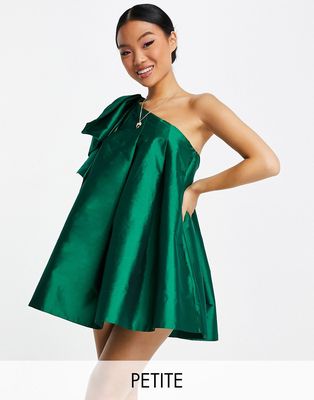 Ever New Petite oversized bow one shoulder mini dress in emerald green