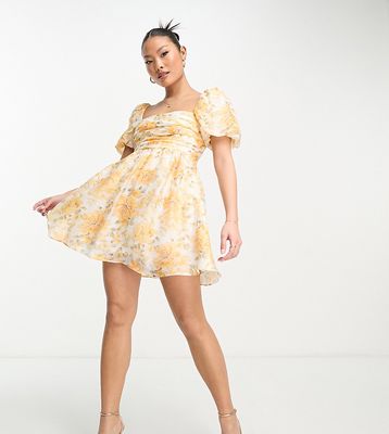 Ever New Petite puff shoulder mini dress in yellow floral