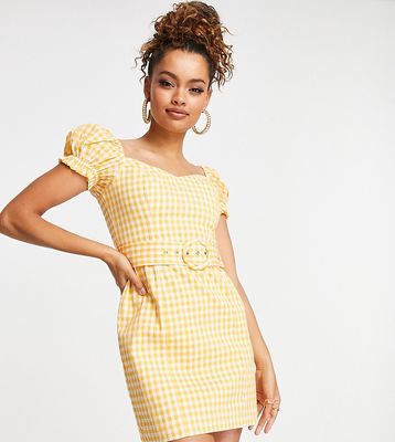 Ever New Petite puff sleeve belted mini dress in amber gingham-Yellow