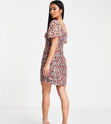 Ever New Petite puff sleeve ruched mini dress in bright floral-Multi