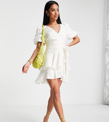 Ever New Petite puff sleeve tiered linen mini dress in ivory-White