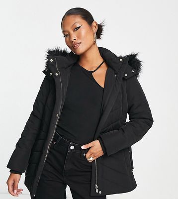 Ever New Petite quilted longline coat with belt in black