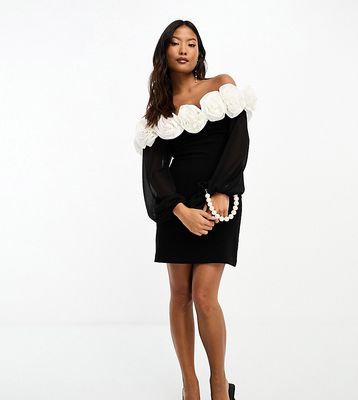 Ever New Petite rosette mini dress with sheer sleeves in monochrome-Black